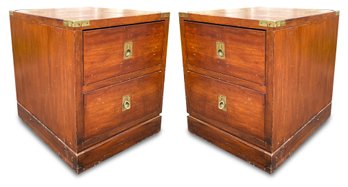 A Pair Of Vintage Mid Century Modern Campaign Style Nightstands, Possibly Henredon