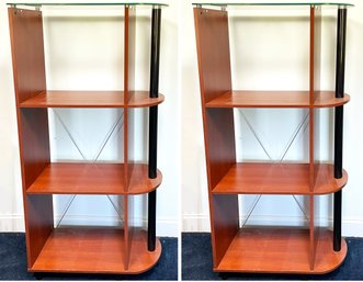 A Pair Of Modern Tempered Glass And Cherry Bookcases