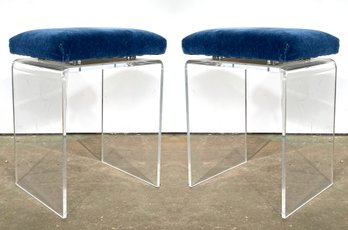 A Pair Of Modern Lucite Stools Or Ottomans With Custom Velvet Seats