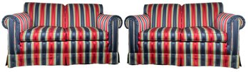 A Pair Of Vintage Loveseats By Ethan Allen In Satin Stripes