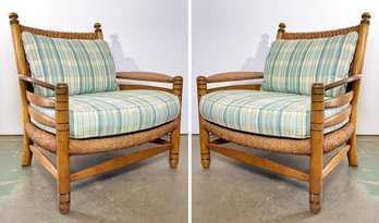 A Pair Of Elegant And Large Woven Fiber Arm Chairs With Cheerful Cushions By The Stanford Furniture Corp