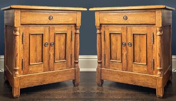 A Pair Of Vintage Bench Made Paneled Pine Nightstands By Bausman & Company