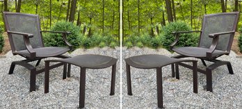 A Pair Of Modern Aluminum And Mesh Outdoor Arm Chairs With Ottomans And Custom Chair Covers By Brown Jordan