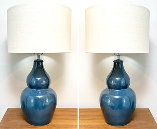 A Pair Of Modern Ceramic Table Lamps With Linen Shades, Possibly Pottery Barn