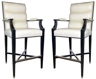 A Pair Of Elegant Oversized Lacquered Bar Stools Soft Off-White Leather By Mattaliano