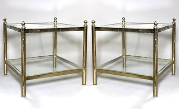 A Pair Of Stylish Vintage Brass And Glass End Tables