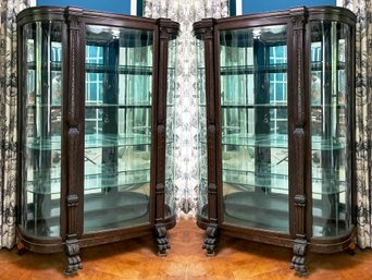 A Pair Of Magnificent Late 19th Century Oak Curved Glass China Cabinets