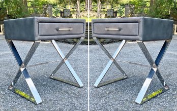 A Pair Of Modern Leather And Chrome Nightstands