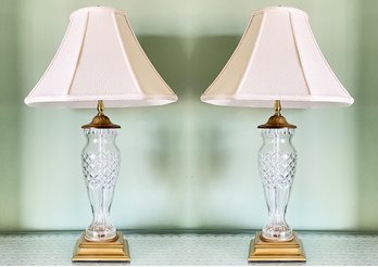 A Pair Of Crystal Lamps On Brass Bases By Waterford