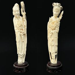 A Pair Of Elegant Antique Netsuke Carvings Of A Husband And Wife - Early 20th Century