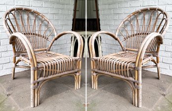 A Pair Of Vintage Coastal Rattan Armchairs After Franco Albini