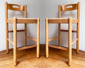 A Pair Of Vintage Oak Rush Seated Bar Stools