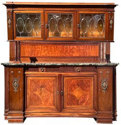 A Large Burl Wood Marble Top Credenza With China Hutch