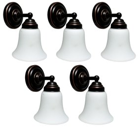 A Set Of 5 Oil Rubbed Bronze Sconces With Frosted Glass Shades - No Switches