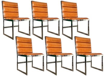 A Set Of 6 Modern Leather And Chrome Side Chairs By Williams Sonoma Home