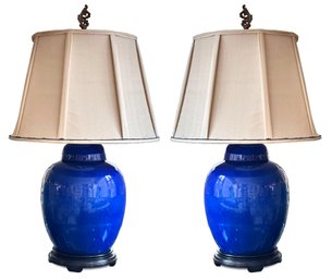 A Pair Of Ceramic Chinese Ginger Jar Lamps On Rose Wood Bases