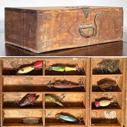 Antique Fishing Lures In A Wood Tackle Box