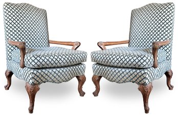 A Pair Of Vintage Louis XV Fauteuils In New High Quality Lattice Print Upholstery