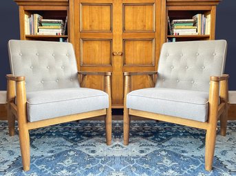 A Pair Of Modern Tufted Mahogany Arm Chairs, Possibly West Elm