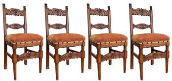 A Set Of 4 Vintage Carved Mahogany Side Chairs With Damask Seats And Nailhead Trim