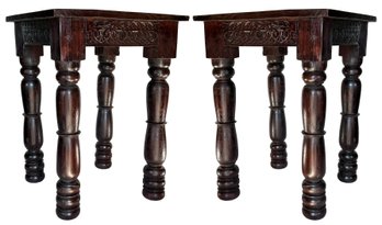 A Pair Of Vintage British Colonial Carved Walnut Stools Or Side Tables (2 Of 2)