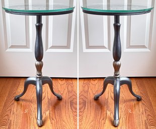 A Pair Of Wrought Iron And Glass Pedestal Tables, Or Plant Stands