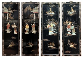 A Set Of 4 Hand Carved Lacquered Chinese Wall Panels, C. 1920's