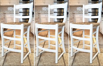 A Set Of 3 Painted Oak Rush Seated Counter Stools