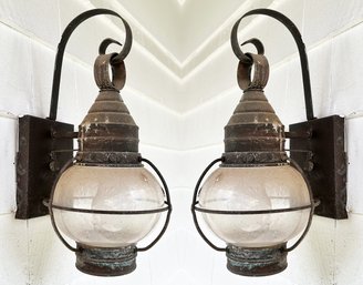 A Pair Of Outdoor Copper Nautical Lanterns