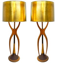 A Pair Of Gorgeous Mid Century Modern Sculpted Teak Table Lamps, Possibly Pearsall