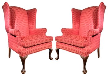 A Pair Of Vintage Wing Back Chairs With Claw Feet - In Lovely Satin Print