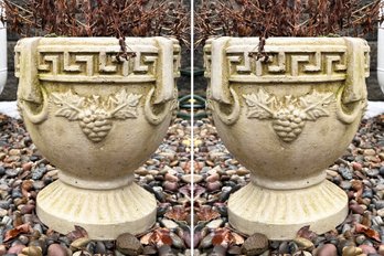 A Pair Of Cast Stone Greek Key Garden Urns