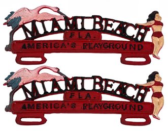 A Pair Of Vintage Metal Miami Beach License Plate Toppers - 1930's-1940's