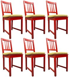 A Set Of 6 Vintage Painted Pine Slatted Back Side Chairs