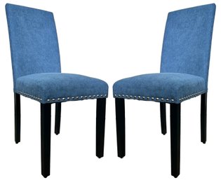 A Pair Of Modern Side Chairs With Nailhead Trim In Blue Linen By Gold Furniture