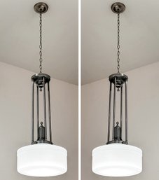 A Pair Of Gorgeous Art Deco Fixtures In Chrome And Milk Glass