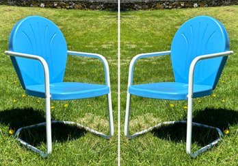 A Pair Of Retro Metal Resort Chairs In Electric Blue - Fab Mid Century Look!