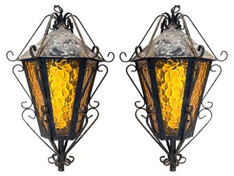 A Pair Of Large 1970's Amber Glass Hanging Lantern Fixtures