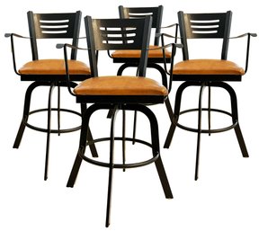 A Set Of 4 Modern Metal Counter Height Stools With Leather Seats