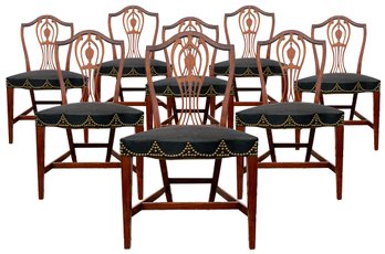 A Set Of 8 Antique Scrolled Mahogany Dining Chairs - Restored With Modern Fabric And Nailhead Trim