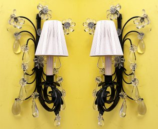 A Pair Of Late 19th Century Wrought Iron And Crystal Candle Sconces - Wired For Electricity