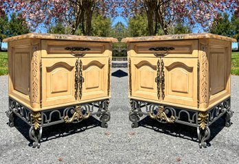 A Pair Of French Provincial Nightstands With Wrought Iron Bases And Tiled Marble Tops