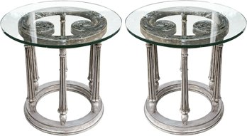 A Pair Of Carved Wood Side Tables With Glass Tops - Silver Leaf Art Nouveau Bases