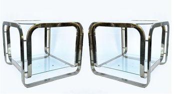 A Pair Of Vintage Modern Brass And Glass Tiered Side Tables In Style Of Milo Baughman