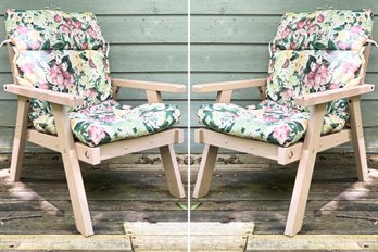 A Pair Of Vintage 1970's Modern Painted Cedar Outdoor Arm Chairs With Newer Floral Cushions