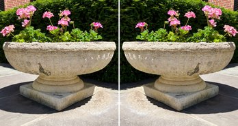 A Pair Of Large Vintage Cast Stone Garden Urns - Very Heavy And Solid