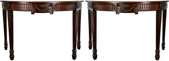 A Pair Of Italian Export Demi Lune Console Tables In Carved Mahogany