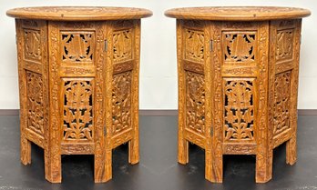 A Pair Of Indian Carved And Inlaid Wood Side Tables