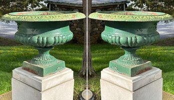 A Pair Of Large 19th Century Cast Iron Urns - Rescued From Hudson Valley Mansion Gates