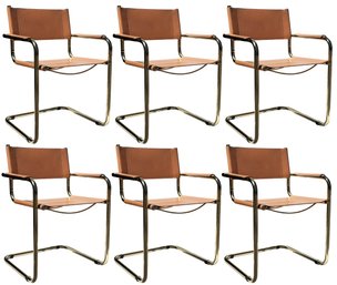 A Set Of 6 Model MG5 Centro Studio Desk Chairs In Desert Brown Leather, By Mart Stam & Marcel Breuer, 1970s
